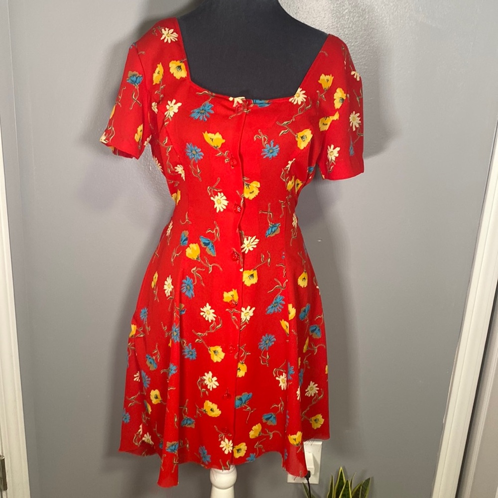 Decked Out Vintage Red Floral Button Down Dress - Picture 2 of 12